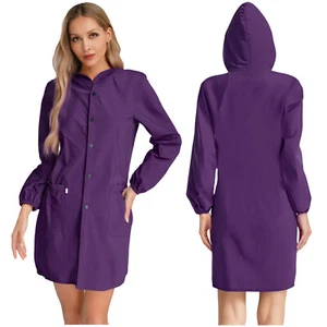 Women's Hooded Smock Jacket Barber Workwear Long Sleeve Button Down Salon Coat - Picture 1 of 96