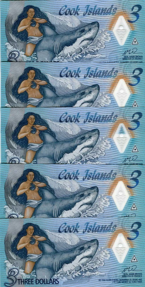 LOT Cook Islands, 5 x $3, 2021 Naked Ina & a shark, P-New Polymer AA-Prefix UNC - Image 1 of 1