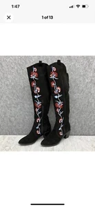 Carlos Santana Alexia Over the Knee Boots Womens 8.5M Black Floral Embroidered - Picture 1 of 7