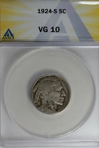 1924-S .05 ANACS VG 10 Buffalo Nickel, Indian Nickel, 5 Cent Piece - Picture 1 of 2