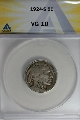 1924-S .05 ANACS  VG 10  Buffalo Nickel, Indian Nickel, 5 Cent Piece - Image 1 of 2