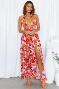 Hello Molly Women’s Large Halter Maxi Dress Rising Love Floral Pink Sundress - Picture 1 of 5