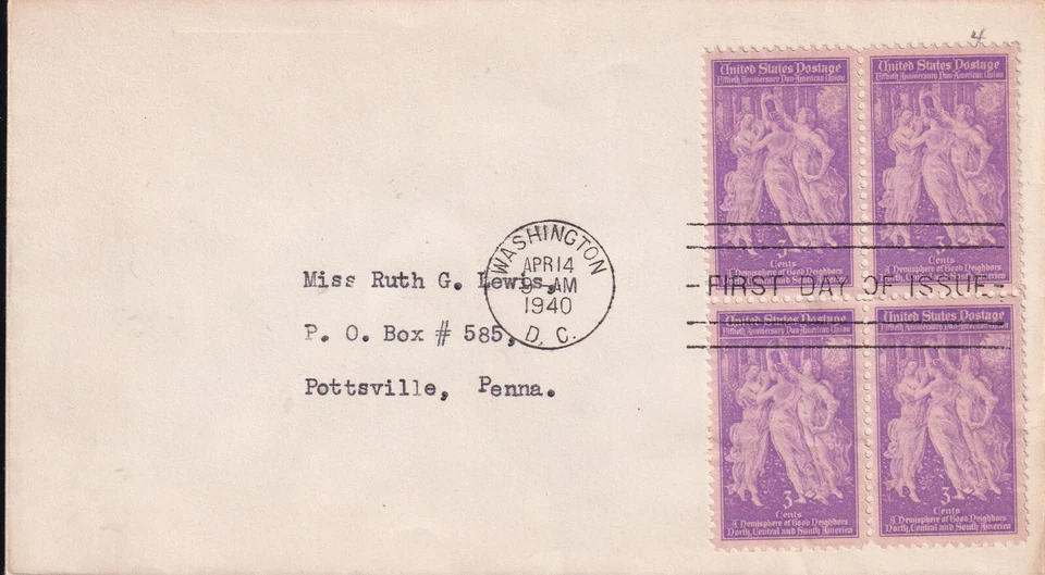 USA 1940 FIRST DAY COVER, BLOCK OF FOUR, THE THREE GRACES - Image 1 of 1