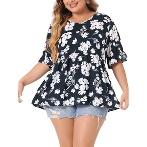 Agnes Orinda Navy Blue & White Floral Scoop Neck Ruffled Puff Sleeve Top Sz 3X - Picture 1 of 7