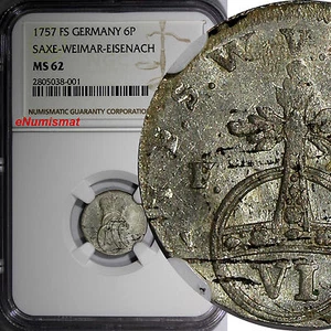 Germany SAXE-WEIMAR-EISENACH 1757 FS 6 Pfennig NGC MS62 SCARCE KM# 87.1 (001) - Picture 1 of 4