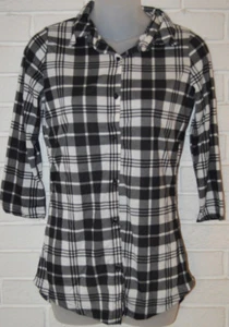 Women's Rue 21 Black & White Plaid 3/4 Sleeve Ltwt Button Front Blouse Top XS-M - Picture 1 of 3