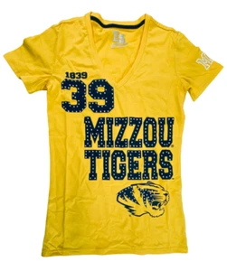 E5 Women's Mizzou Tigers 1839 Bling V-Neck Short Sleeve T-Shirt, Yellow, Large - Picture 1 of 9