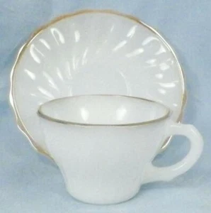 Fire King Swirl Demitasse Cup & Saucer Anchor Hocking Milk Glass Gold Trim 2339 - Picture 1 of 6
