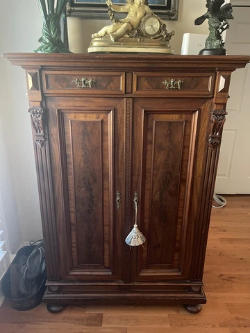 Antique Late 19th Century Burled Walnut Cabinet/Original Hardware with 2 Drawers Cover