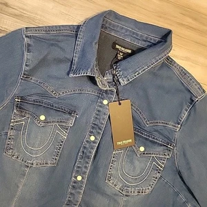 True Religion Women's Denim Pearl Snap Button Shirt Plus Size 2XL NEW  - Picture 1 of 10