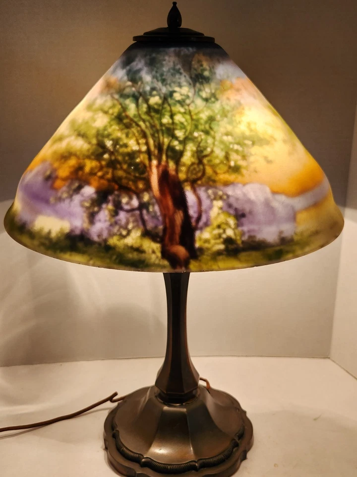 LARGE PAIRPOINT REVERSE PAINTED LAMP WITH A BEAUTIFUL NATURE SCENE - Image 1 of 4