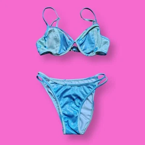 Vintage Y2K 2000s Baby Blue Metallic Butterfly Print Bikini Swim Set XS Small - Picture 1 of 8