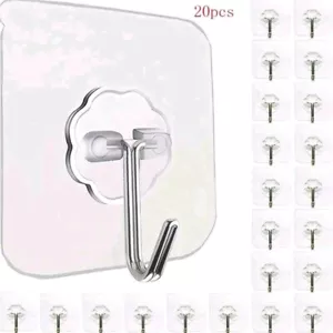 Waterproof Self Adhesive Wall Hooks - Set of 20, Transparent. Indoor And Outdoor - Picture 1 of 7