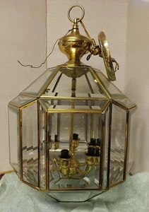 Vintage Brass & Beveled Glass Large Lantern Chandelier Ceiling Light w/ 6 lights - Picture 1 of 11