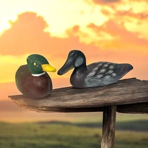 VTG Hand Carved Mallard Duck Sculpture Figurines Lot of 2 Faux Wood Composite - Picture 1 of 15