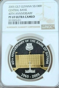 2005 GUYANA SILVER 1000 DOLLARS CENTRAL BANK ANNIV NGC PF 69 ULTRA CAMEO TOP POP - Picture 1 of 4