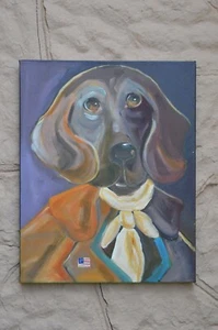 Original oil or acrylic painting "Hound Dog in Clothes" 16" x 20" self frame - Picture 1 of 5
