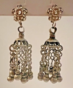 Vtg Pair Handmade Silver Tribal Ethnic Dangle Drop Pierced Earrings Yemenite - Picture 1 of 6