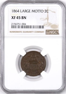1864 Two Cent Copper Coin 2C - NGC XF45 BN - - Image 1 of 2