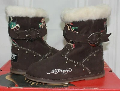 Ed Hardy Kids Boot Strap Boots Brown Suede Tattoo Graphic Faux Fur lined NEW/Box - Image 1 of 4
