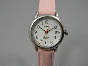 Timex Watch Women Indiglo 25mm Silver Tone Date Pink Leather Band New Battery - Picture 1 of 16