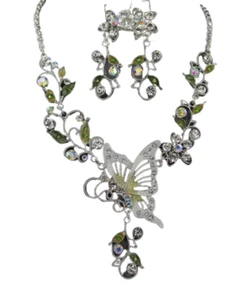 White Crystal Butterfly Necklace Earring Set Silver Vintage Inspired - Picture 1 of 4