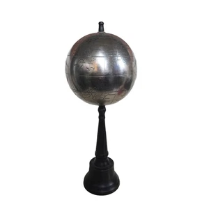 Vintage Etched Aluminum World Globe Desk Map Silver Metal Black Wood Stand... - Picture 1 of 7