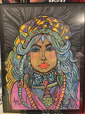 Hermosa pintura acrílica original hippie viajero gitano 11"x15" enmarcada Foto 1 de 4
