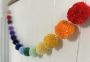 Cute RAINBOW mini pompoms GARLAND kids funky wall handmade garland wool nursery - Picture 1 of 6