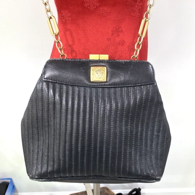 Vintage Anne Klein crossbody bag black quilted leather & gold chain unique purse - Image 1 of 4