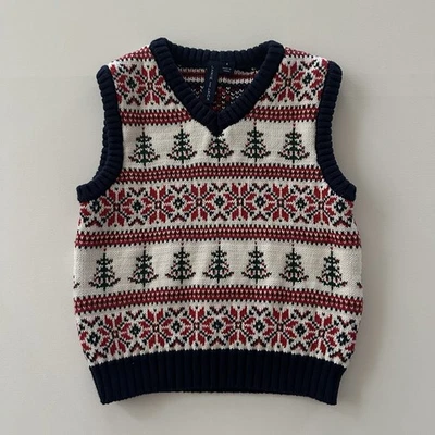 Janie and Jack Boys 4 V-Neck Sweater Vest Fair Isle Holiday Christmas Tree Red - Image 1 of 3