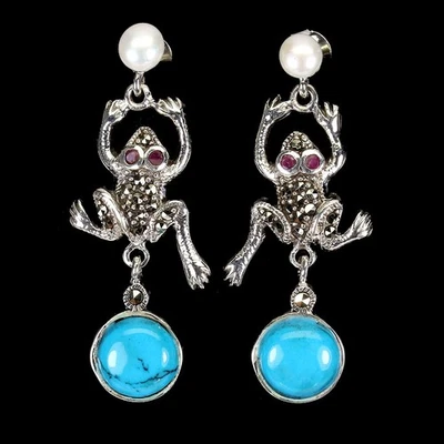 Orecchini in Argento Sterling 925 Stabilizzato Turchese Perla Rubino... - Immagine 1 di 4