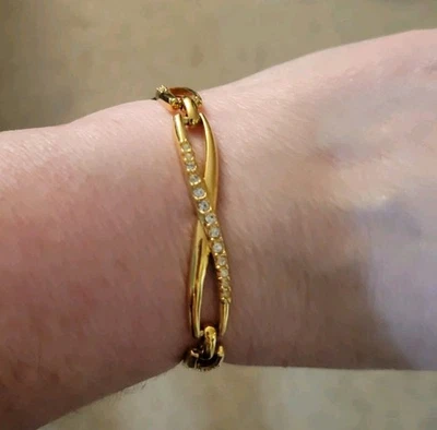 Brazalete de cristal de Swarovski dorado transparente vinculado en forma de X cierre plegable de 7" de largo Foto 1 de 4