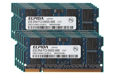 20GB Elpida 10pcs 2GB 2RX8 DDR2 800MHz PC2-6400S 200PIN SODIMM Laptop Memory RAM - Image 1 of 4