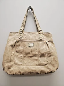 Coach  Poppy Glam Tote Handbag Shoulder Purse Signature Lurex Gold Khaki #17890 - Picture 1 of 15