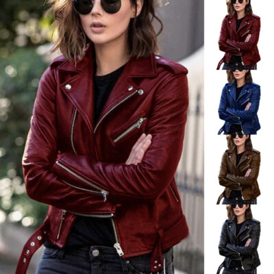 Women Jacket Faux Leather Zipper Ladies Coat Lapel Punk Outwear Motor Biker UK - Image 1 of 4
