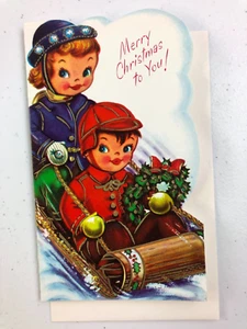 Vintage 1960s Carrington Co. Christmas Card with Envelope Children on Snow Sled - Picture 1 of 3