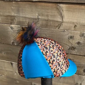 Horse Riding hat silk fur Pom, Wool Or Button Top dragon design Turquoise - Picture 1 of 41