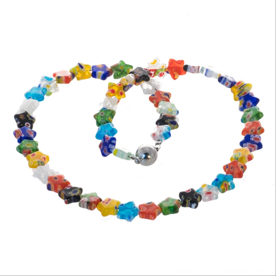 Kinder Kette bunt Glas Millefiori Glas Sternchen Perlen Magnetverschluss Edelst. - Bild 1 von 1