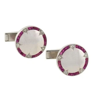 Beautifully Accented With Vibrant Ruby & Moissanite 10k White Gold Cufflinks - Picture 1 of 10
