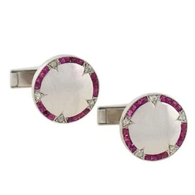 Beautifully Accented With Vibrant Ruby & Moissanite 10k White Gold Cufflinks - Image 1 of 4