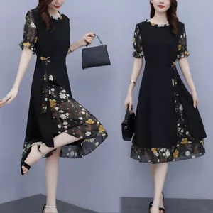 Damen Chiffon Blumendruck Midikleid Patchwork A-Linie Freizeit Übergröße Mode - Bild 1 von 17