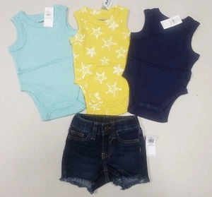 Old Navy Baby Unisex One Piece Tank Bodysuits Jean Shorts Set Summer Blue 6-12 M - Picture 1 of 4