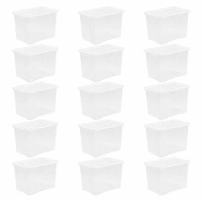 15 x Large Storage Boxes With Lids 80L Clear Plastic Containers Bulk Buy - Image 1 of 4