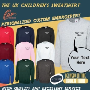 Personalised Custom Embroidered Uneek Children's Sweatshirt Uniform Kids Gifts - Picture 1 of 24