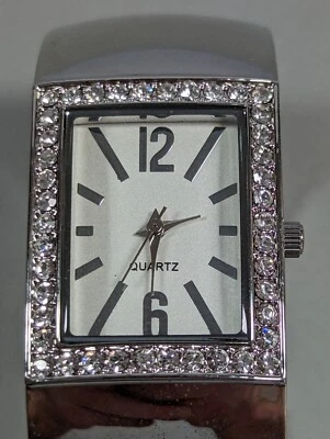 Chico's Silver Tone Dial Crystal Accent Case Open Cuff Hinge Band Watch 6 Inch - Image 1 of 4