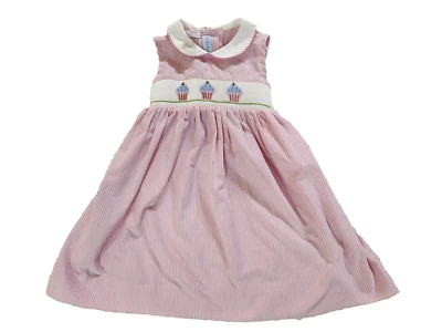 Pink Smocked Baby Dress Embroidered Cupcakes Size 3 Vive La Fete Pink Stripes - Image 1 of 4