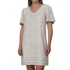 NICOLE MILLER Sz-L Linen Blend Shift Dress White/Tan Tiered Hem Flutter Sleeves - Picture 1 of 11