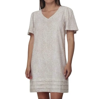 NICOLE MILLER Sz-L Linen Blend Shift Dress White/Tan Tiered Hem Flutter Sleeves - Image 1 of 4