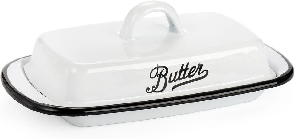 Enamel Butter Dish with Lid, Vintage Enamelware White Butter Tray Black Rim Butt - Image 1 of 4
